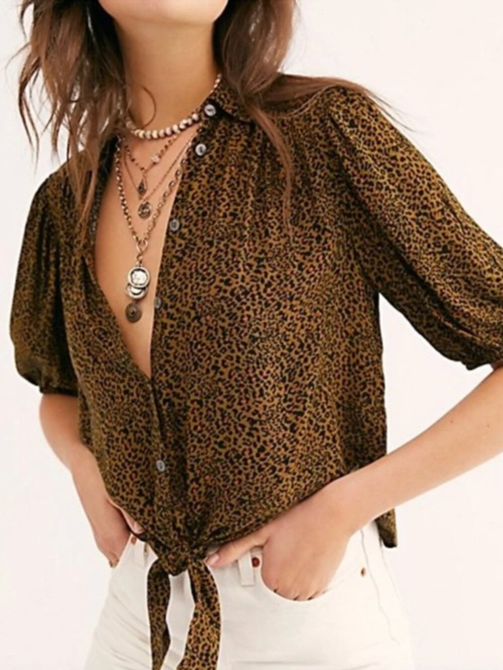Free People | Celia Cheetah Printed Blouse Tie Front | Size XL